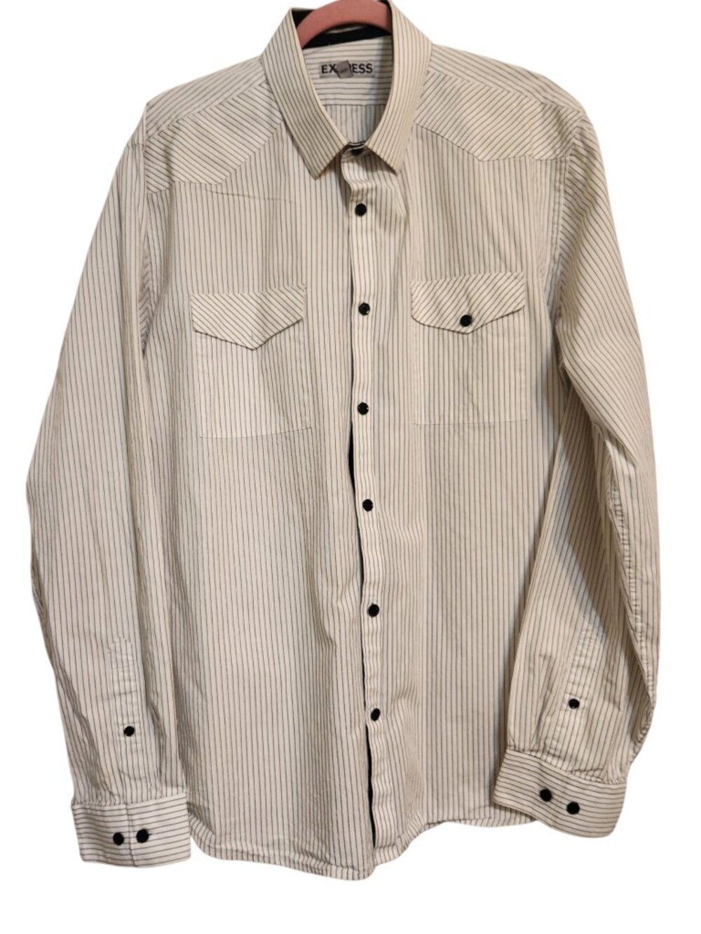Express Men's Fitted Black and White Stripe Dress Shirt Size XL (17 / 17 1/2)